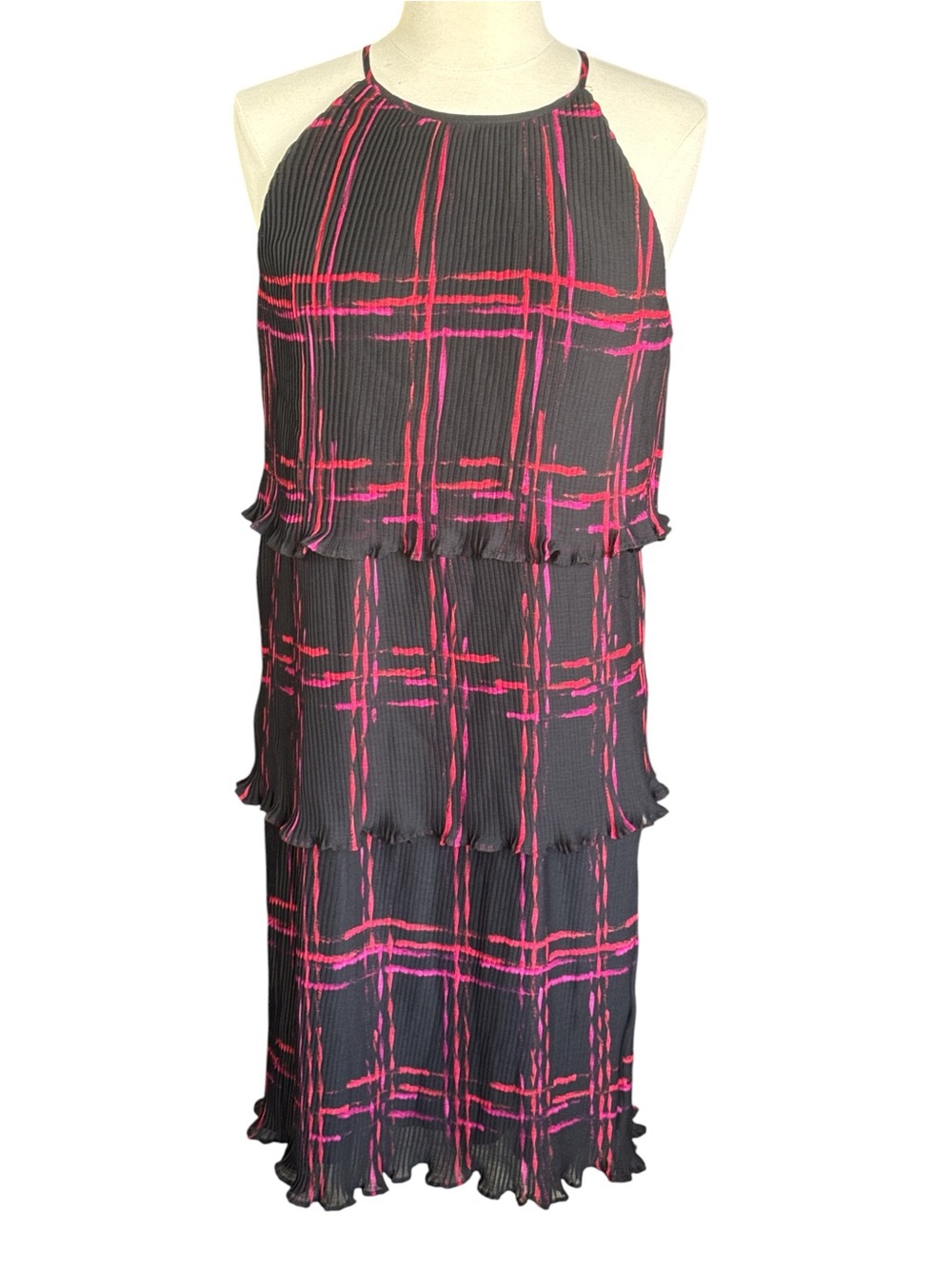 DKNY Black Midi Dress with Pink Plaid Print